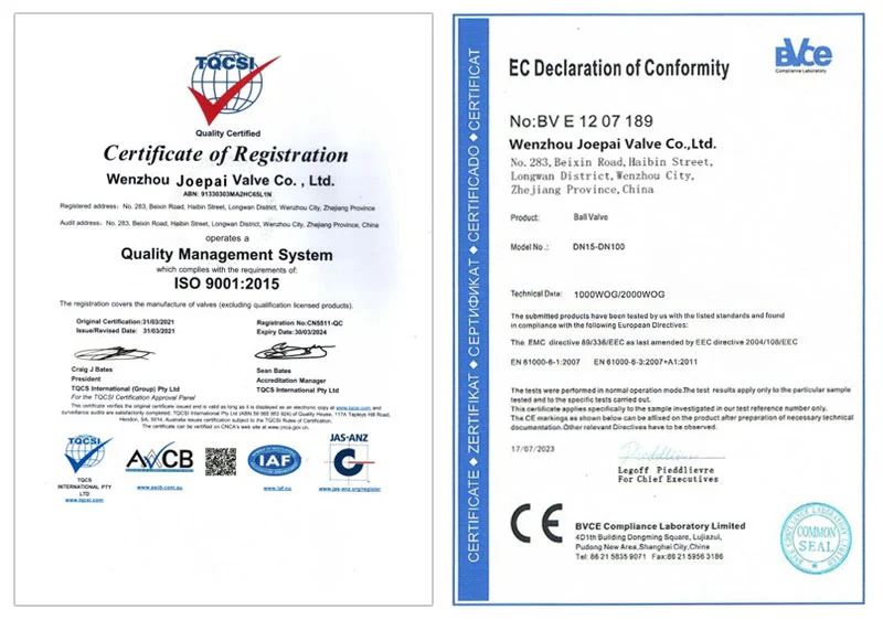 Wenzhou Joepai Valve Quality and Product Certification Document